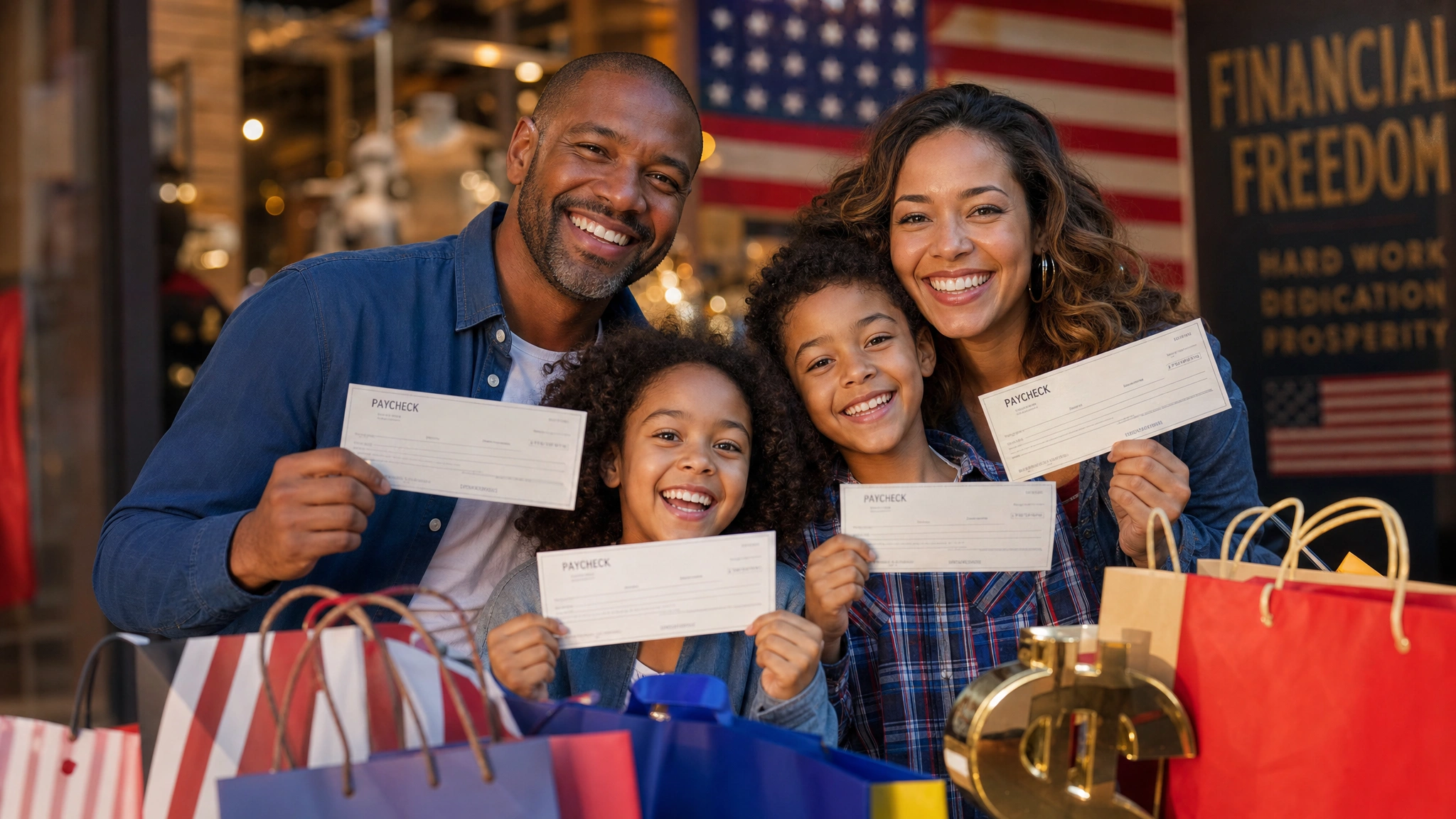 Familia americana diversa celebrando con cheques de pago completos representando el aumento en ingreso disponible bajo RCII