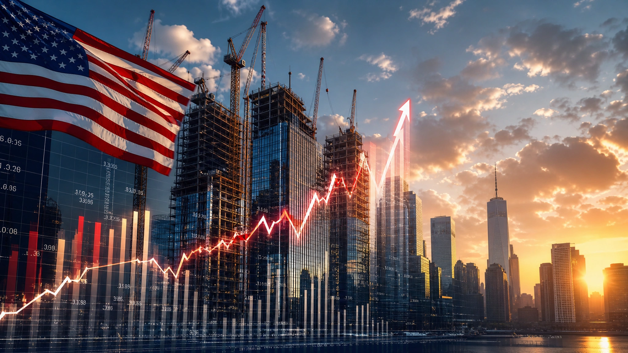 Rascacielos americanos en construcción con gráficos de crecimiento de inversión representando la formación explosiva de capital bajo RCII