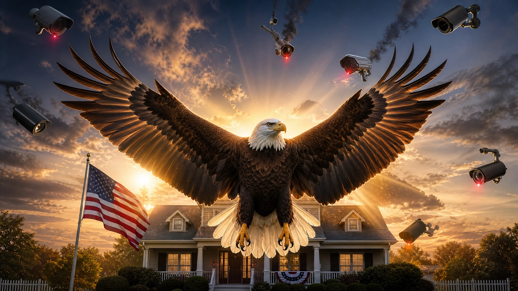 Águila calva americana protegiendo hogar familiar de vigilancia representando la restauración de la privacidad bajo RCII