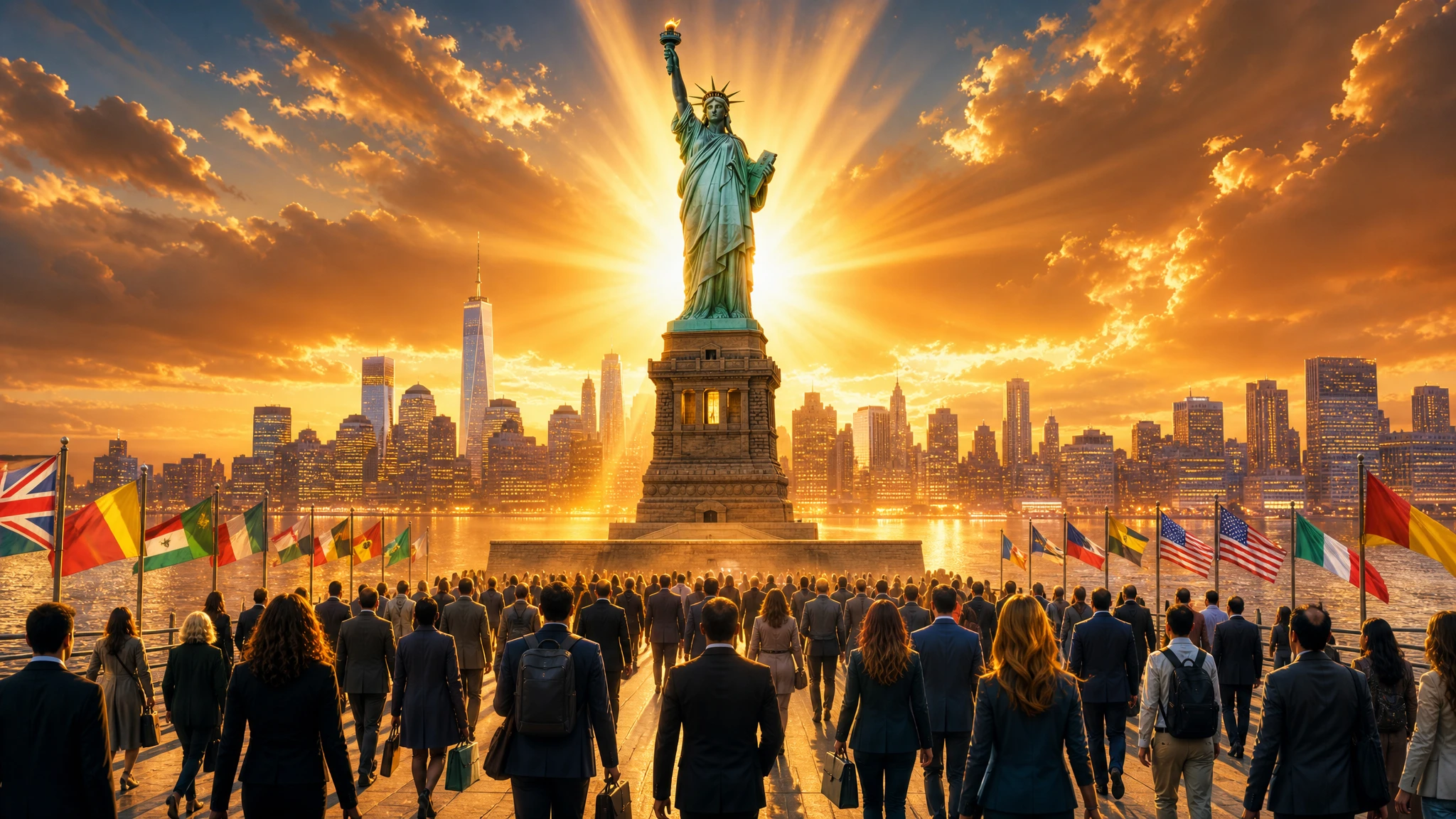 Estatua de la Libertad con aura dorada y talento global fluyendo hacia América representando la competitividad global bajo RCII