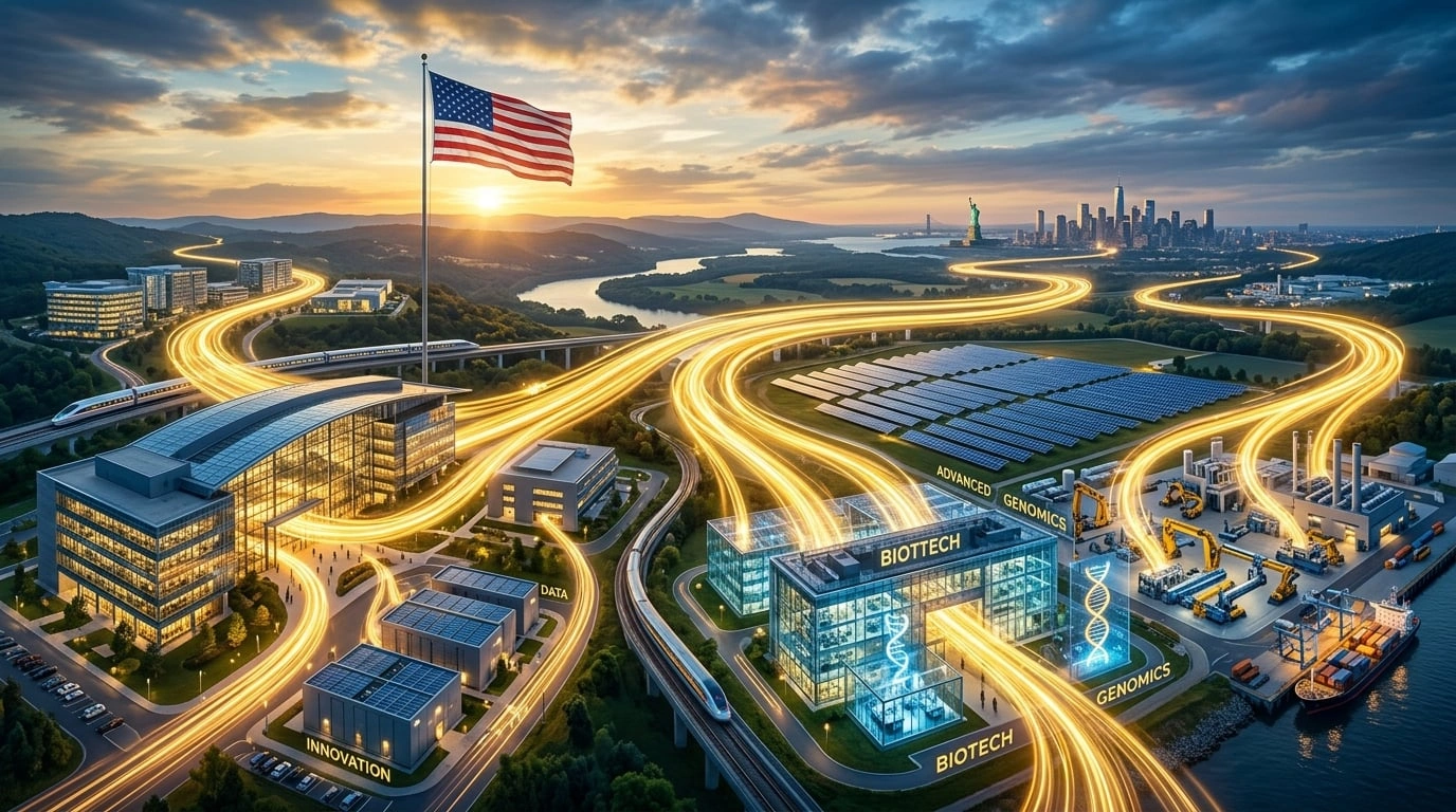Corrientes de luz dorada representando capital fluyendo hacia las industrias americanas más productivas bajo RCII