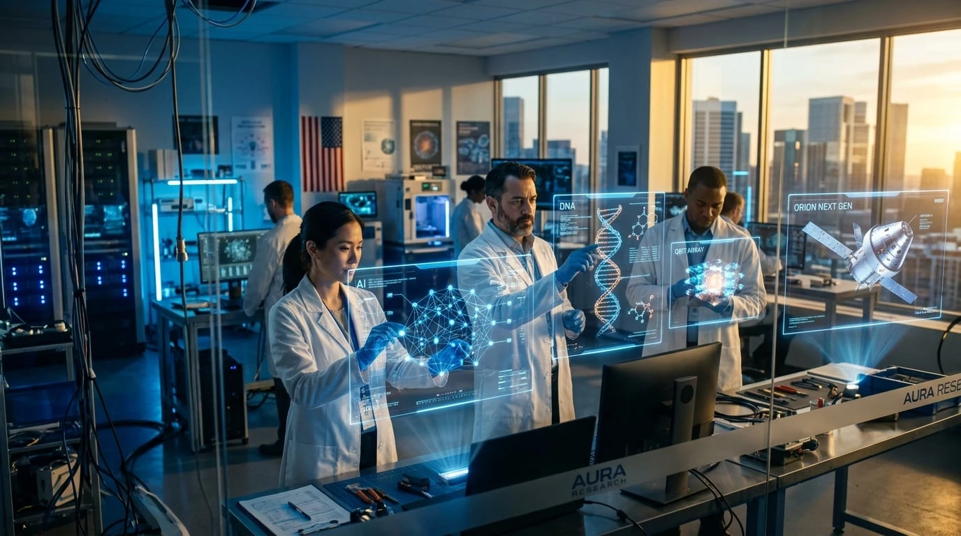 Laboratorio de investigación americano de vanguardia con científicos trabajando en IA biotecnología y computación cuántica bajo RCII