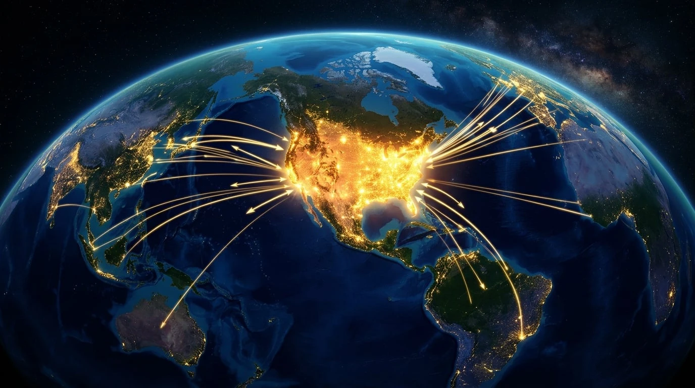 América brillando como faro dorado en mapa mundial con talento y capital fluyendo desde todos los continentes bajo RCII