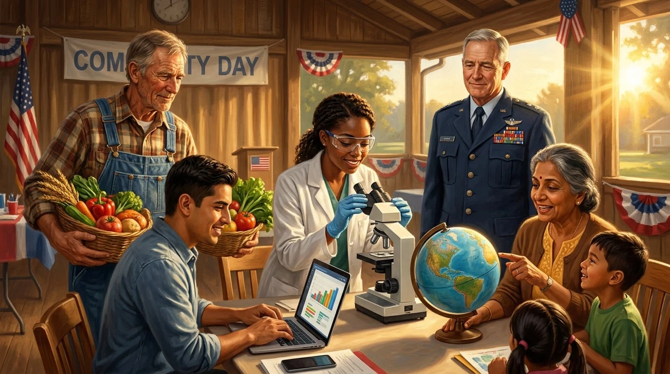 Escena americana moderna estilo Norman Rockwell con diversos americanos alcanzando sus sueños representando el refuerzo de valores americanos bajo RCII