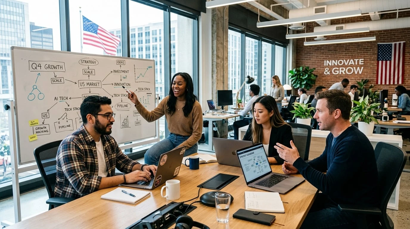 Oficina dinámica de startup americana con emprendedores e innovación representando la aceleración del capitalismo con RCII