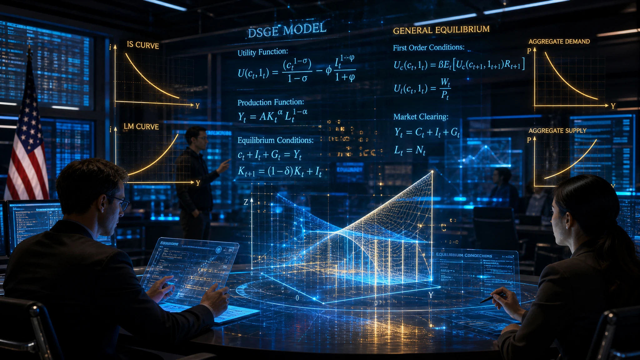 Escena sofisticada de investigación económica con curvas de equilibrio GE y DSGE holográficas y ecuaciones en luz azul y dorada