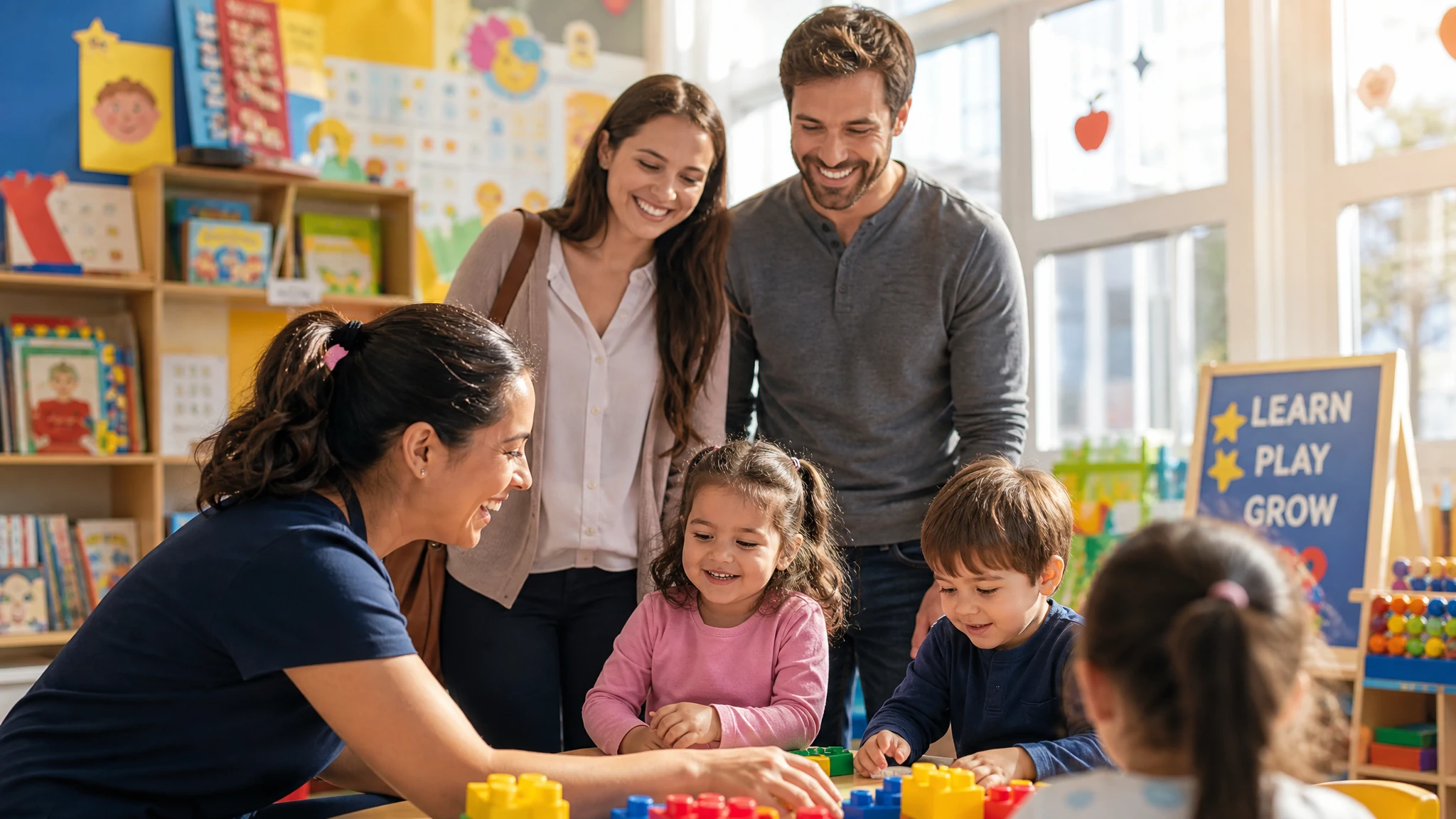 Padres americanos felices con niños pequeños en guardería de alta calidad representando la flexibilidad educativa bajo RCII