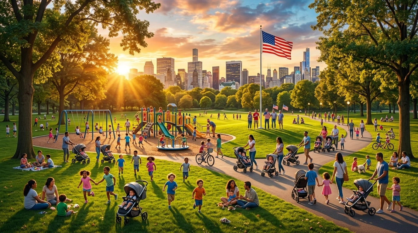 Próspero parque de ciudad americana lleno de familias jóvenes y niños representando la reversión del declive demográfico bajo RCII