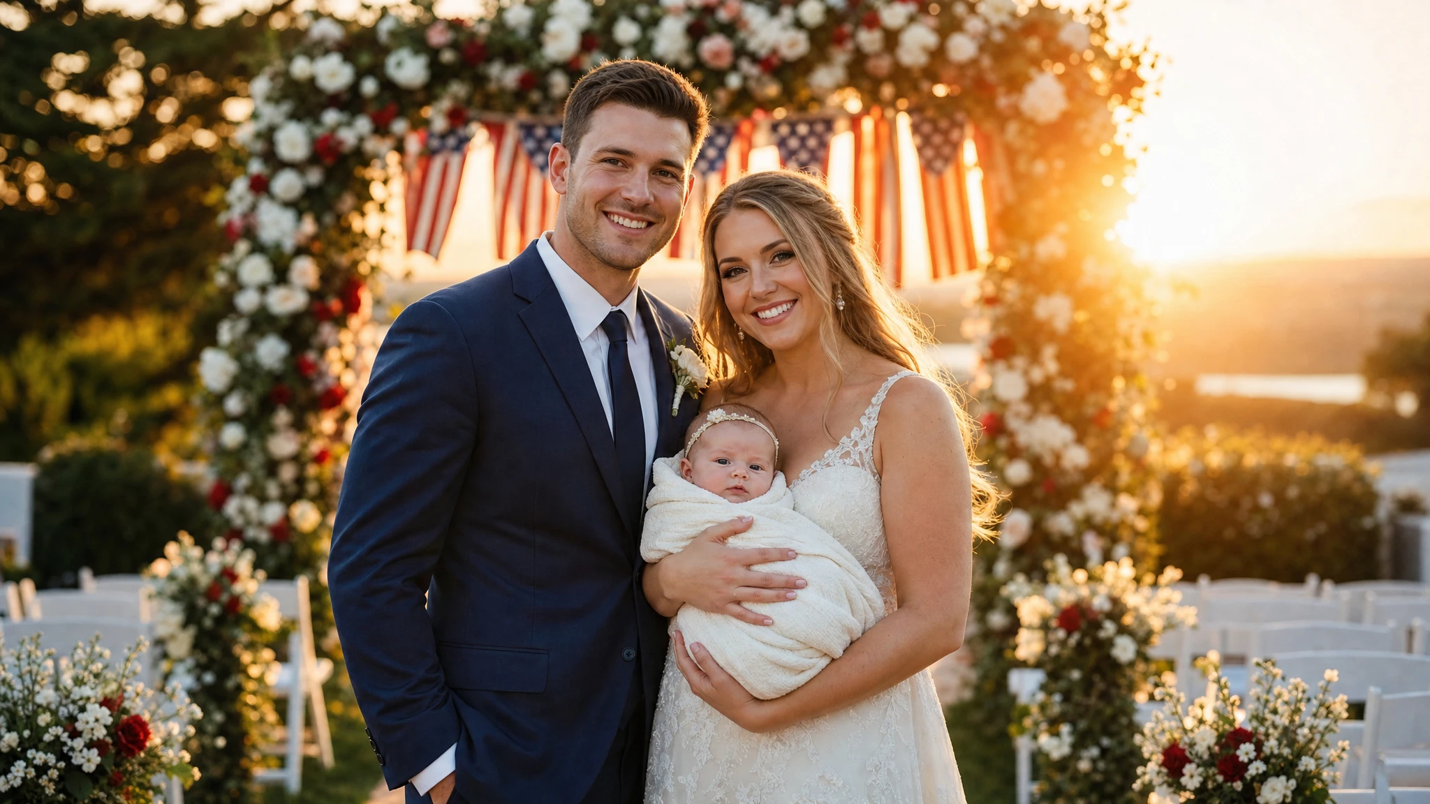 Joven pareja americana en su boda con bebé recién nacido representando la formación familiar más temprana bajo RCII