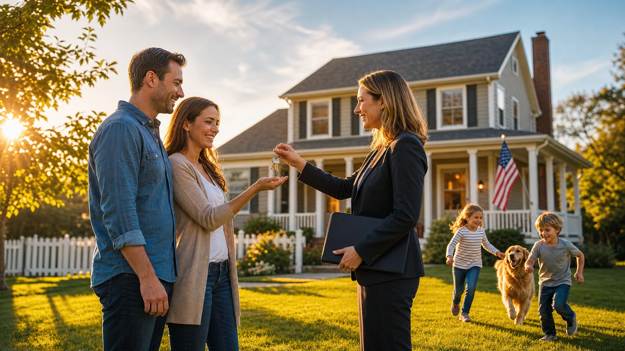 Joven familia americana recibiendo llaves de su nuevo hogar suburbano representando la asequibilidad de vivienda bajo RCII