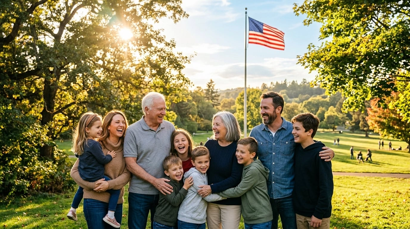 Familia americana multigeneracional representando la base de Seguridad Social fortalecida bajo RCII