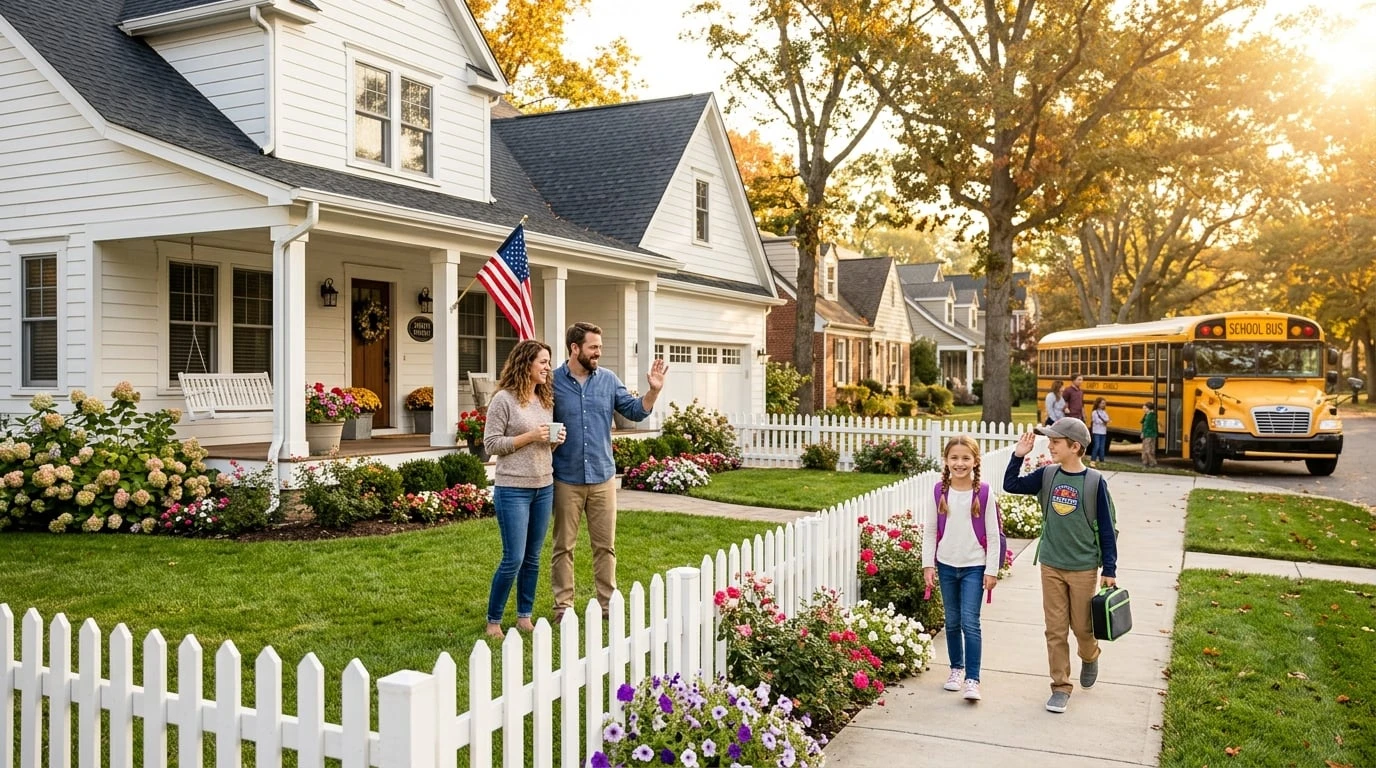 Familia americana con vivienda asequible e hijos camino a la escuela representando los beneficios de RCII para vivienda y educación