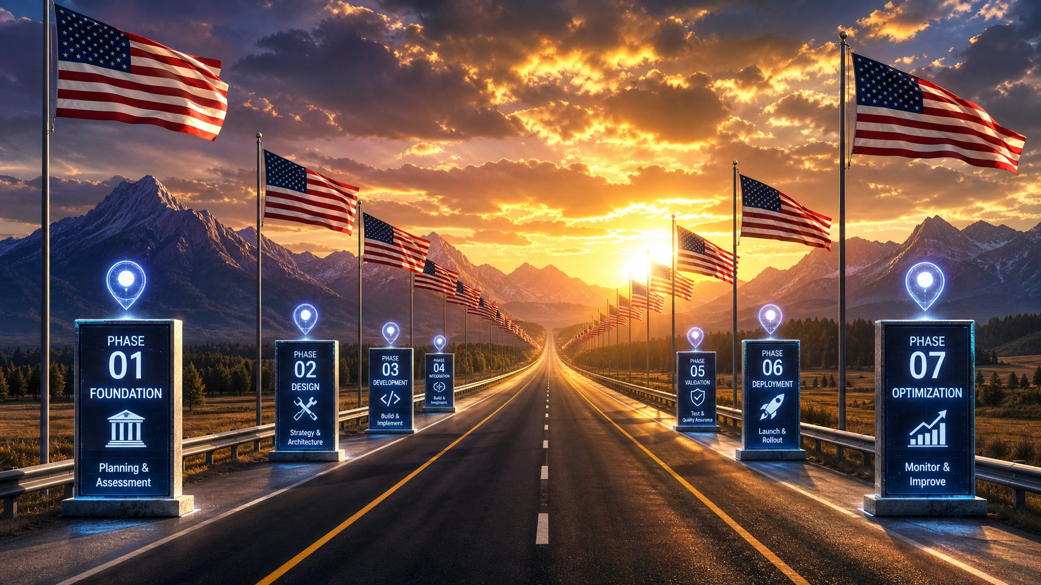 Gran autopista americana extendiéndose hacia horizonte dorado con marcadores de hitos iluminados representando la hoja de ruta de implementación de RCII