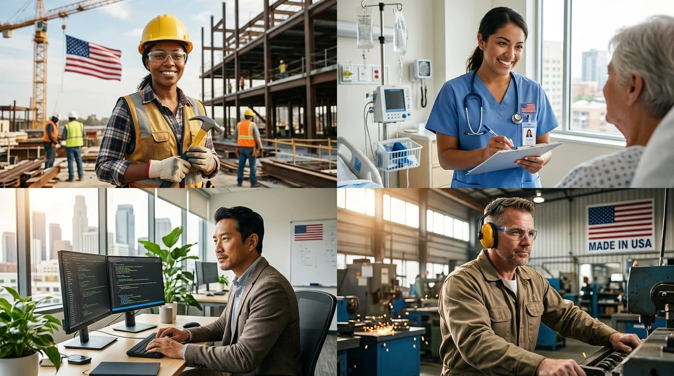 Trabajadores americanos diversos en múltiples industrias beneficiándose del crecimiento de empleo y salarios más altos con RCII