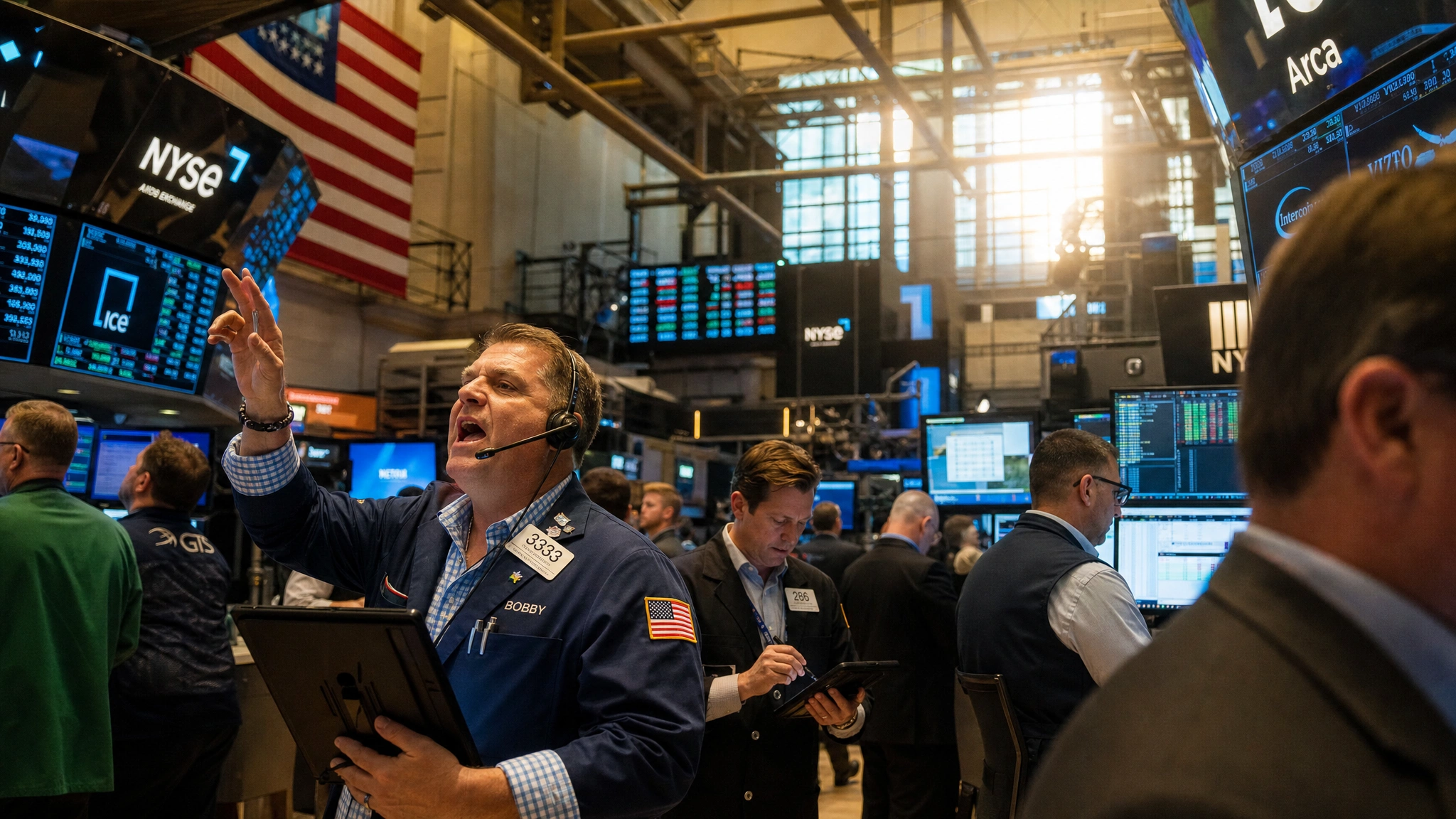 Escena vibrante del mercado libre americano con bolsa de valores y negocios operando independientemente bajo RCII