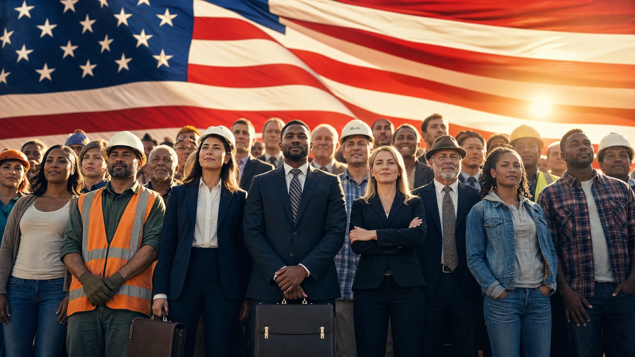 Trabajadores emprendedores inversores y consumidores unidos frente a bandera americana representando el rechazo de guerra de clases bajo RCII