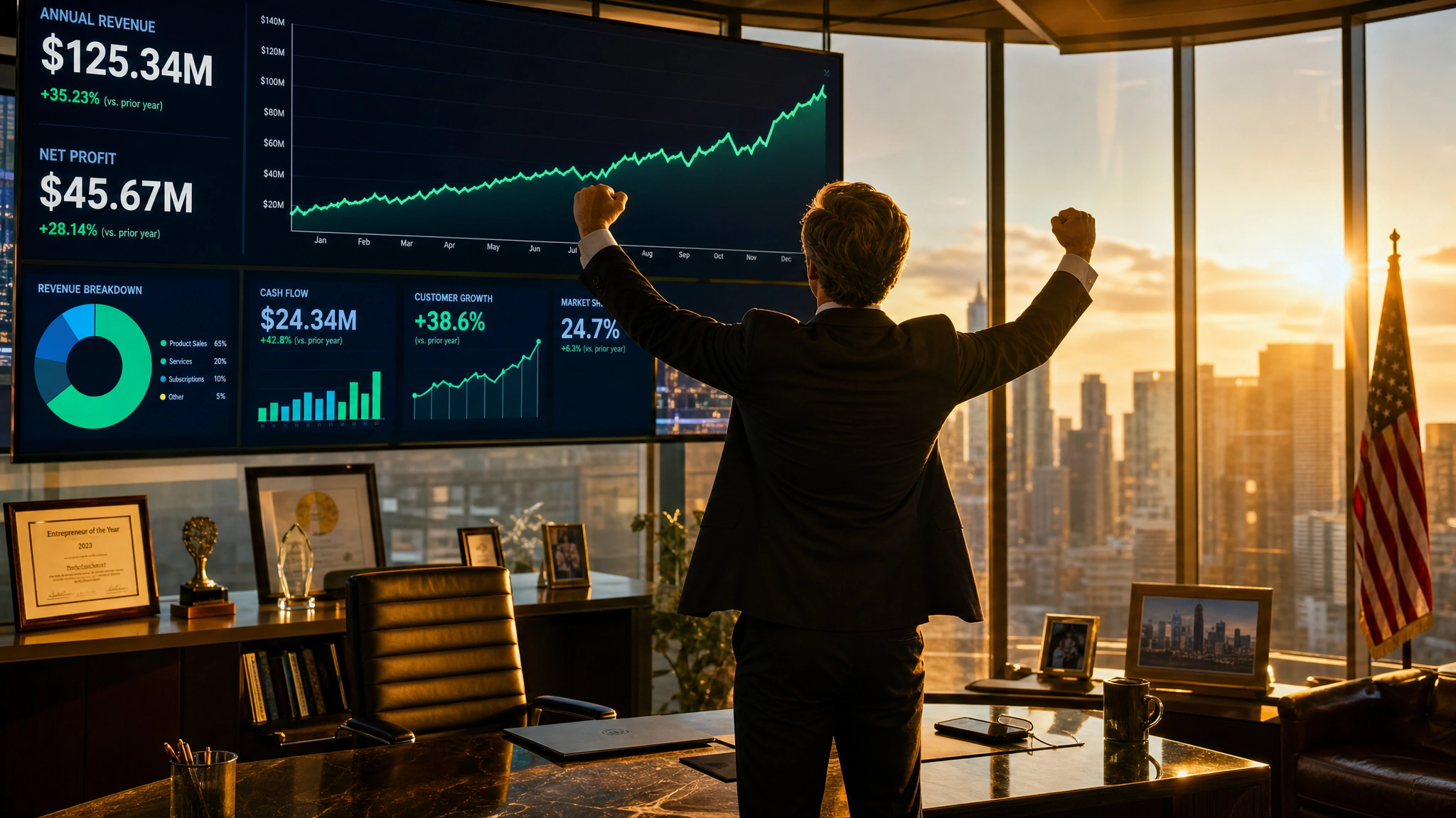 Emprendedor americano exitoso celebrando con gráficos de ganancias en ascenso representando el motivo de ganancia amplificado bajo RCII