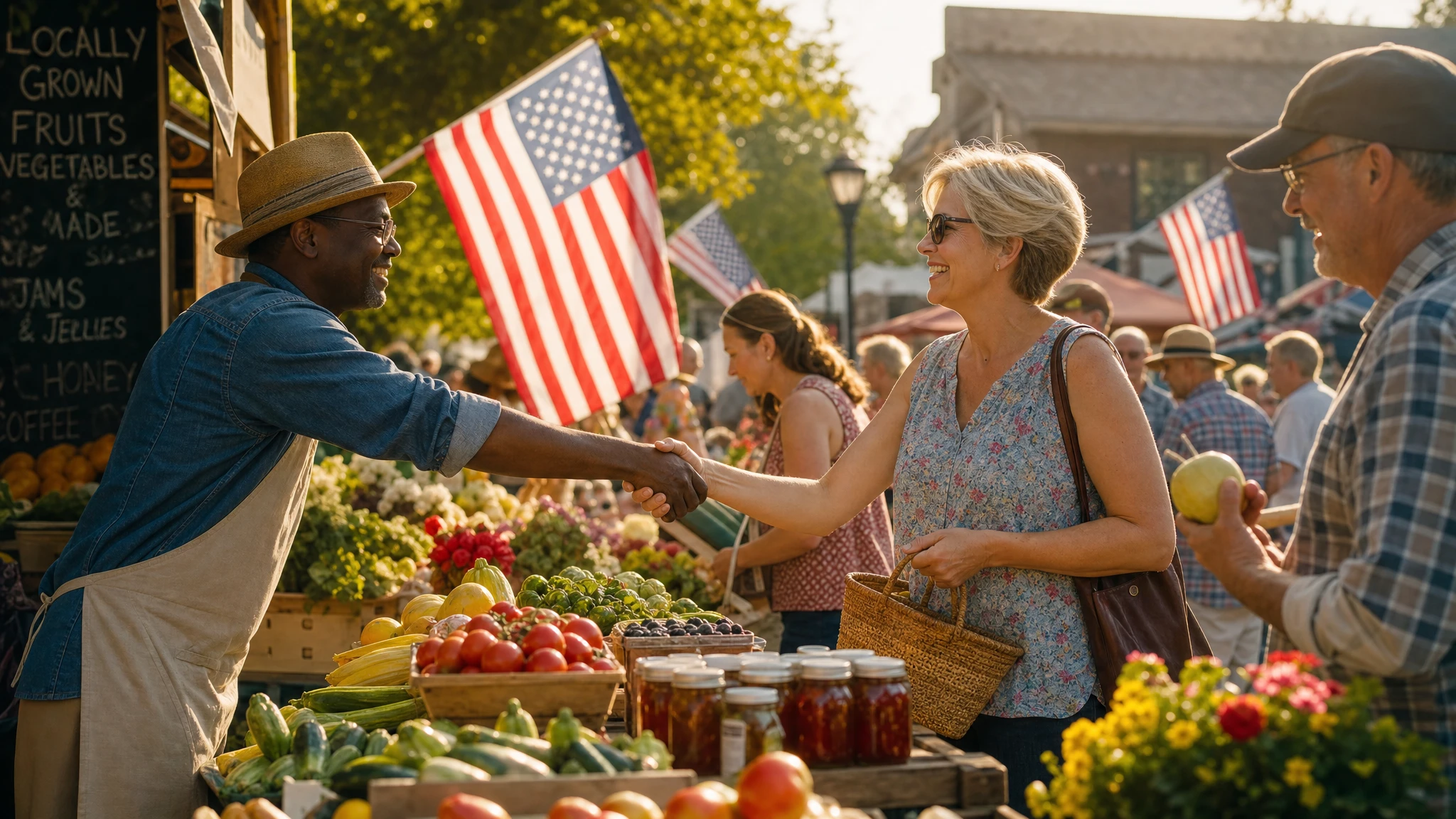 Americanos en vibrante mercado de agricultores comprando y vendiendo libremente representando el intercambio voluntario bajo RCII