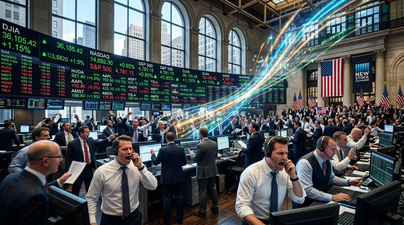 Escena dinámica de Wall Street con tableros de precios digitales y traders respondiendo a señales del mercado bajo RCII