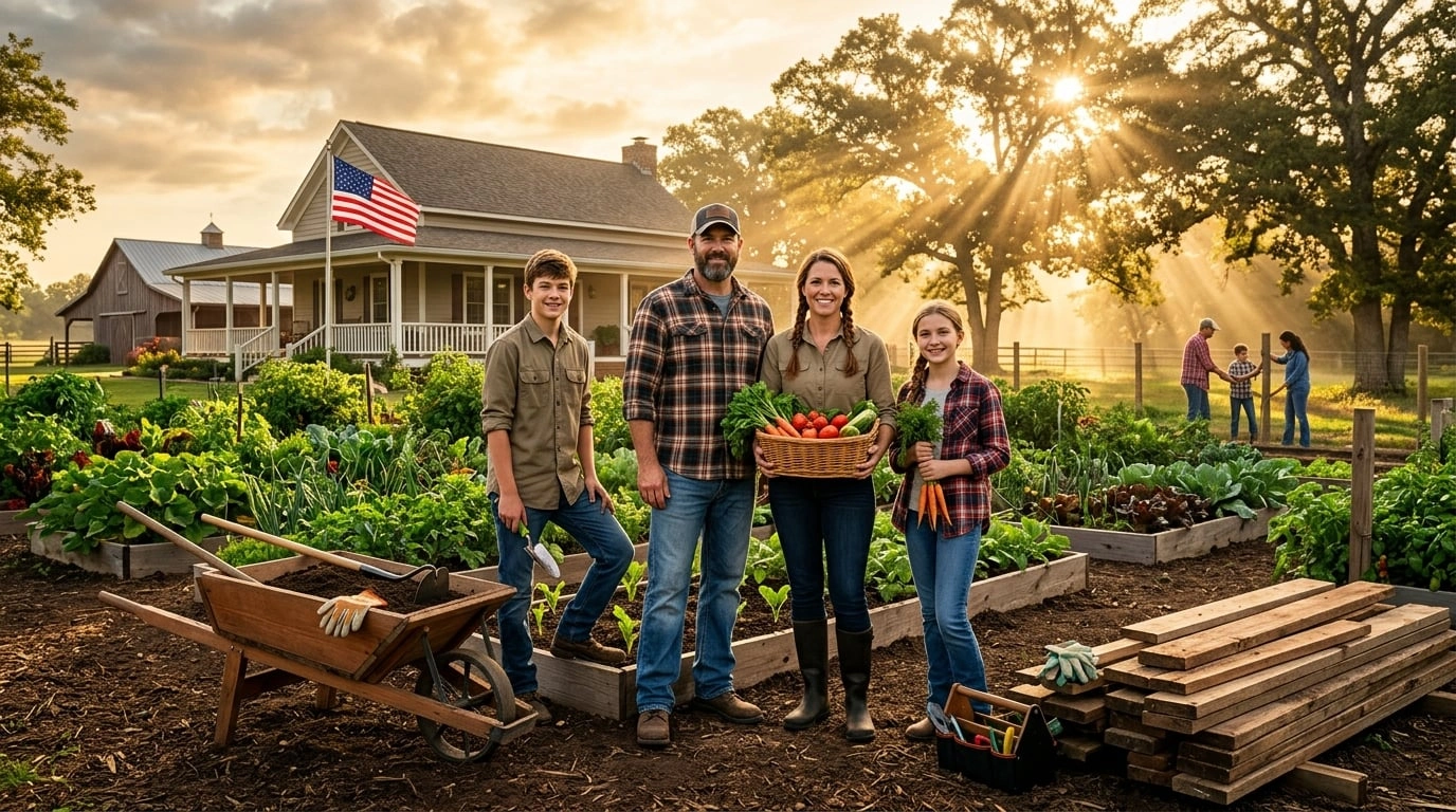 Familia americana autosuficiente en su propia tierra trabajando juntos representando la autosuficiencia bajo RCII