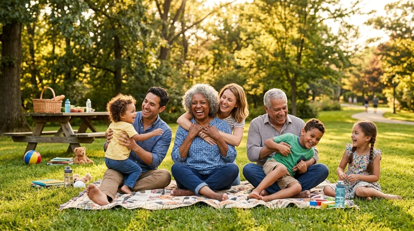 Familia americana multigeneracional prosperando en un parque representando familias más fuertes bajo la prosperidad de cero impuestos RCII