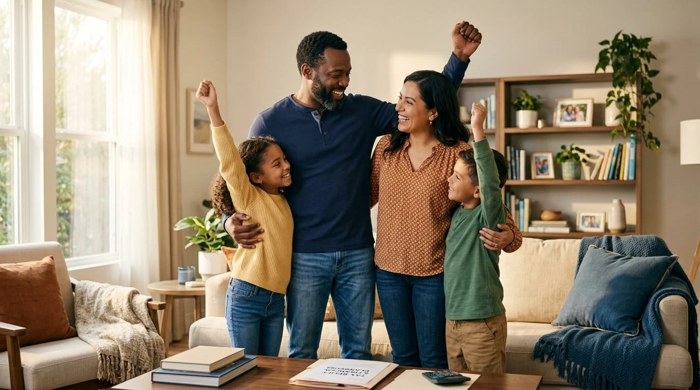 Familia americana celebrando la libertad financiera con cheque completo bajo la política de cero impuestos RCII