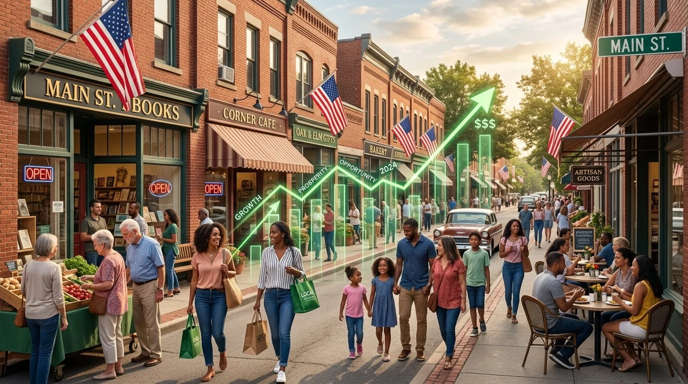 Próspera calle principal americana con gráficos de crecimiento económico mostrando prosperidad bajo la política RCII de cero impuestos