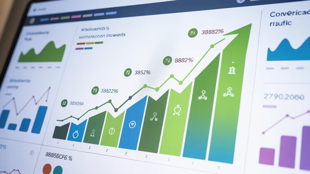 ROI business growth analytics dashboard showing revenue increase, traffic growth, and conversion rate metrics for digital marketing and custom web application ROI