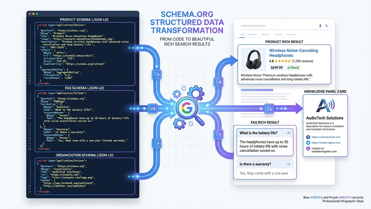 Schema.org structured data implementation showing JSON-LD code transforming into rich snippets, FAQ schema, and knowledge panel results in Google search
