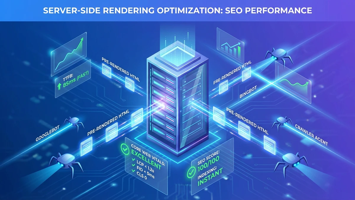 Server-side rendering SEO performance visualization showing Next.js delivering pre-rendered HTML to search engine crawlers for faster indexing and higher rankings