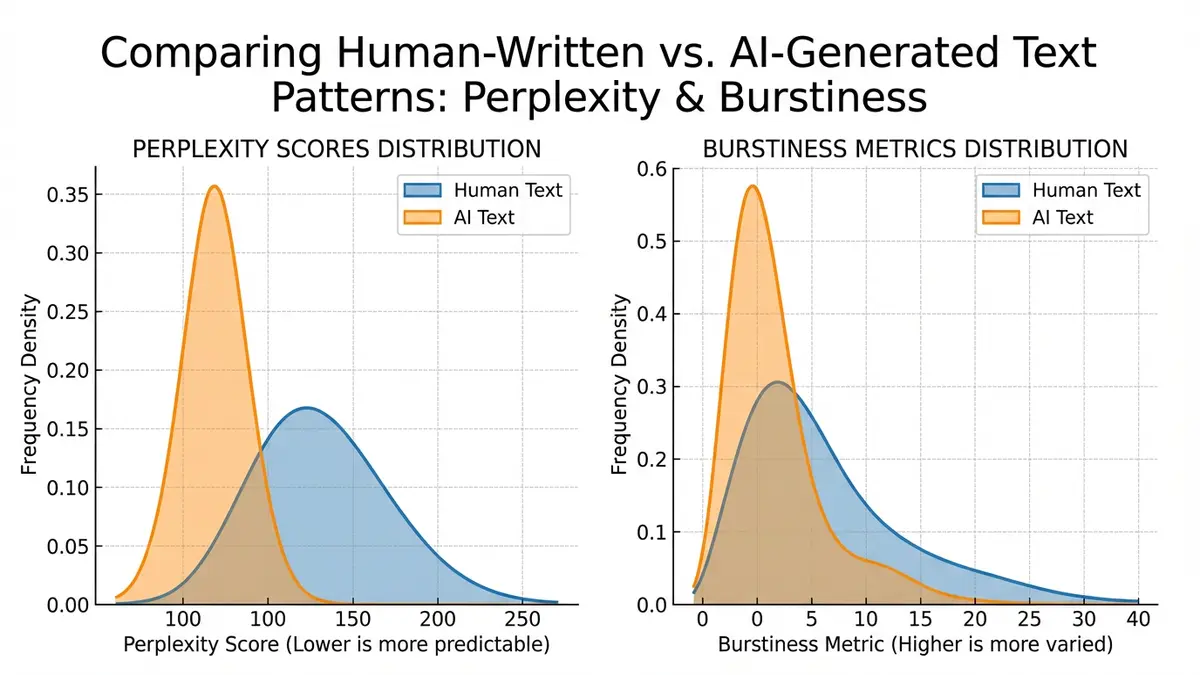 Statistical distribution curves comparing perplexity and burstiness patterns in human-written versus AI-generated text