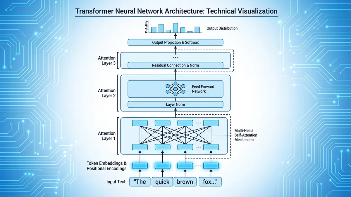 Visualization of transformer neural network architecture showing multi-head attention layers and token embeddings for natural language processing