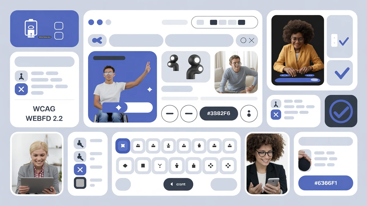 WCAG 2.2 accessibility compliance web design showing inclusive features including screen readers, keyboard navigation, color contrast, and diverse users interacting with accessible web applications