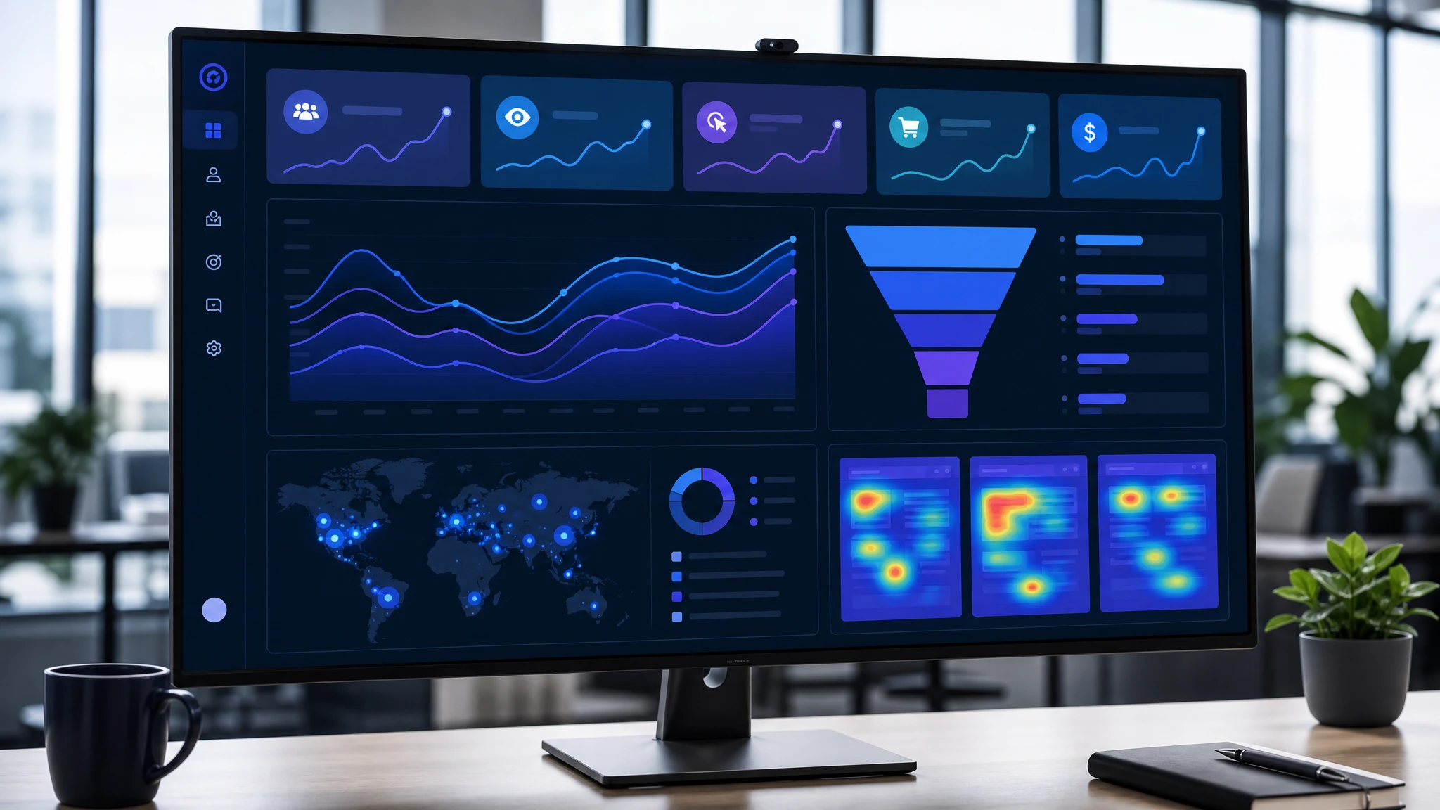 Web analytics dashboard showing real-time traffic, conversion funnels and user behavior metrics for a website