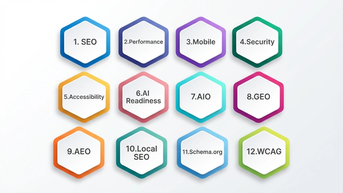 Twelve numbered hexagonal tiles arranged in a four by three grid showing the categories the website grader scores: SEO, Performance, Mobile, Security, Accessibility, AI Readiness, AIO, GEO, AEO, Local SEO, Schema.org and WCAG