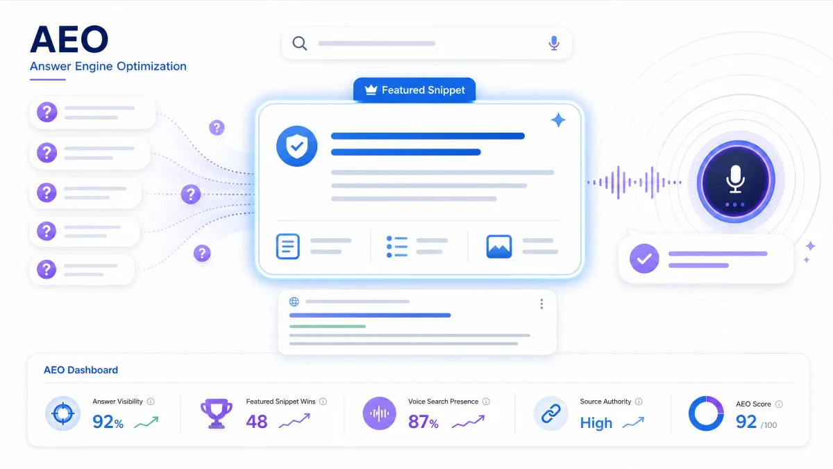 Answer Engine Optimization visualization showing featured snippets, People Also Ask boxes and voice search results targeted by the website auditor