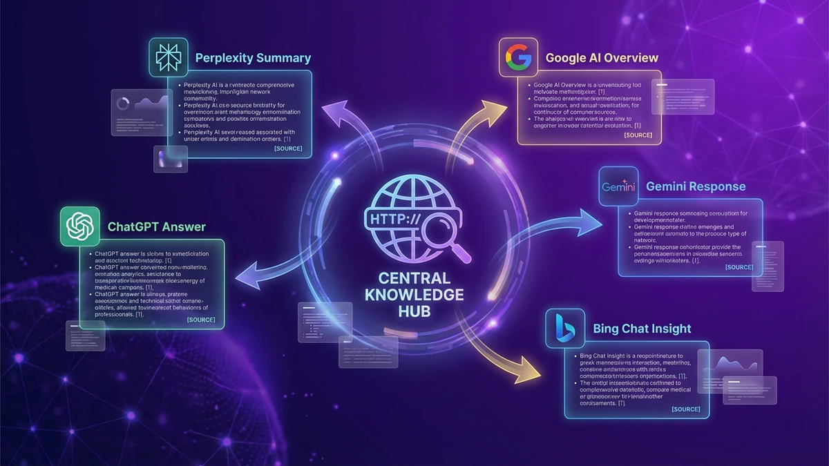Futuristic AI search results showing ChatGPT, Perplexity, Gemini, Bing Chat and Google AI Overviews citing a single source website with neural network connection visualization