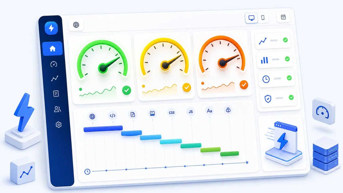 Core Web Vitals performance dashboard showing Largest Contentful Paint, Cumulative Layout Shift and Interaction to Next Paint gauges used by the free website auditor to score page speed