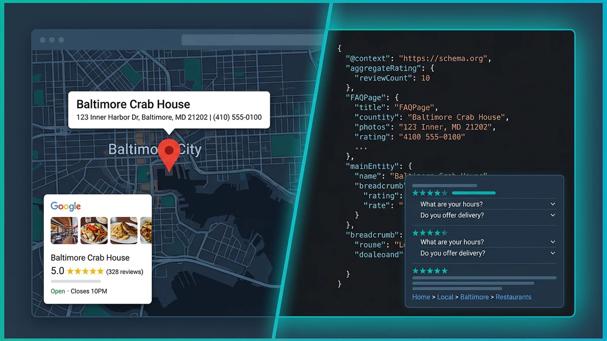 Split-screen visualization showing Google Maps with a Baltimore business pin, NAP citation, knowledge panel with five star reviews on the left and JSON-LD structured data with rich snippet results on the right