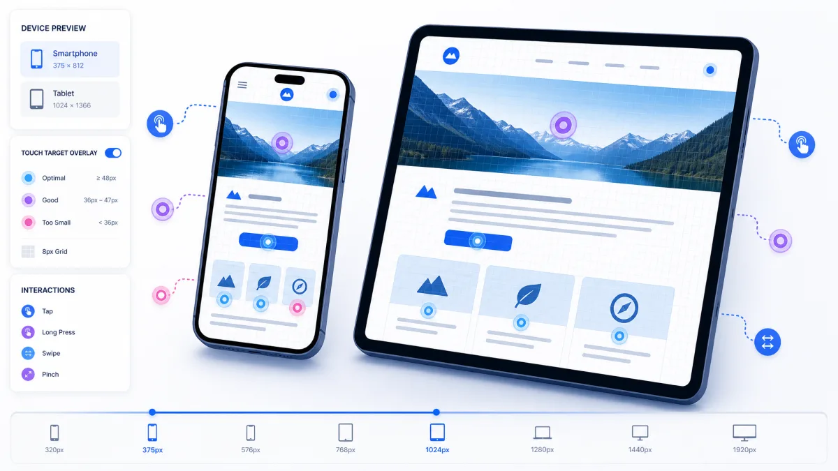 Responsive mobile website test showing one page rendered across phone, tablet and desktop viewports for the website auditor mobile-ready and PWA checks