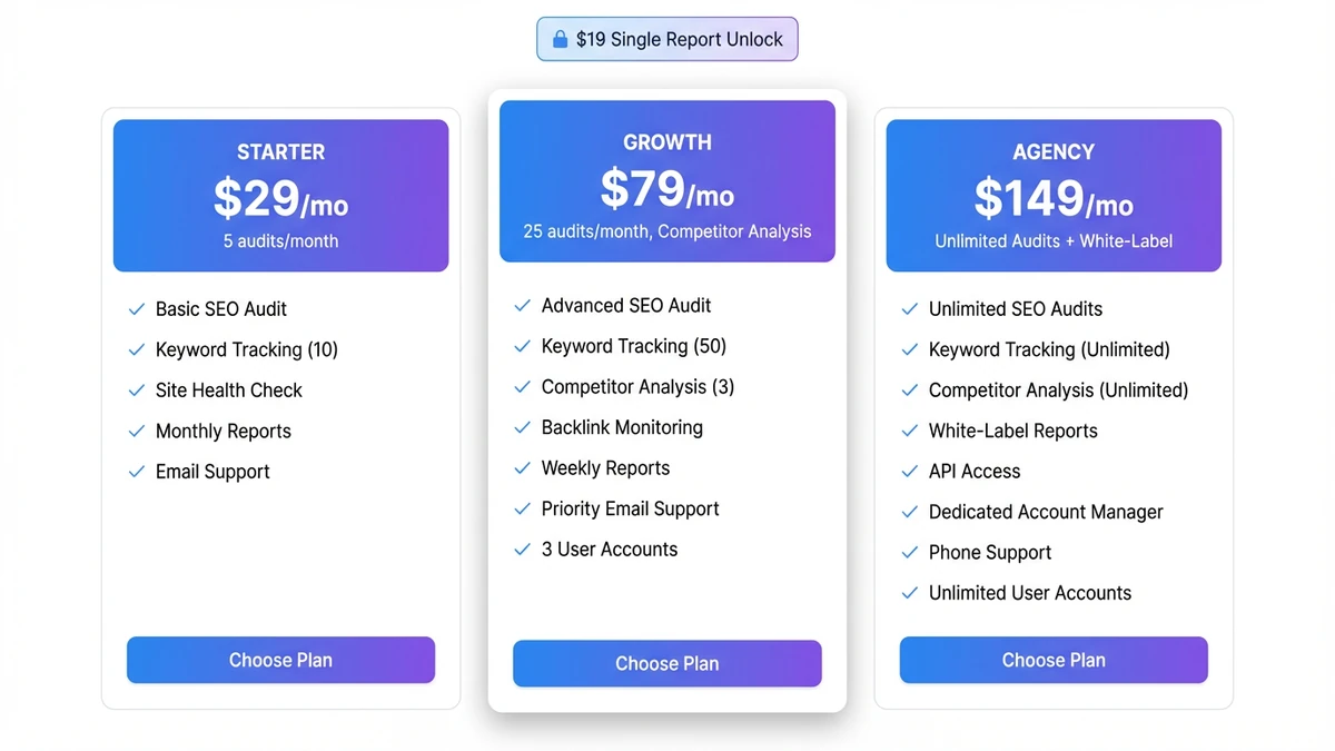 Three website grader subscription pricing cards showing Starter $29 per month with five audits, Growth $79 per month with twenty-five audits and competitor comparison, and Agency $149 per month with unlimited audits and white-label reports, plus a banner showing the $19 single report unlock