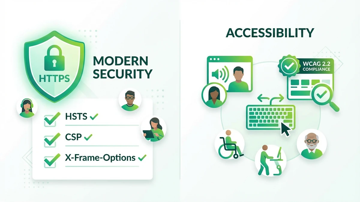 Security shield with HTTPS lock and HSTS, CSP, X-Frame-Options checkmarks alongside accessibility icons for screen readers, keyboard navigation and WCAG 2.2 color contrast compliance