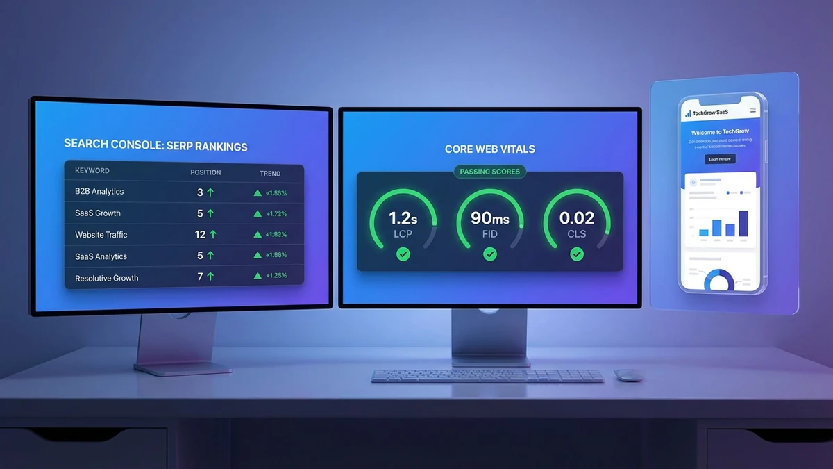 Three connected dashboards showing classic SEO ranking trends with green upward arrows, Core Web Vitals gauges for LCP, FID and CLS, and a mobile preview of a responsive website