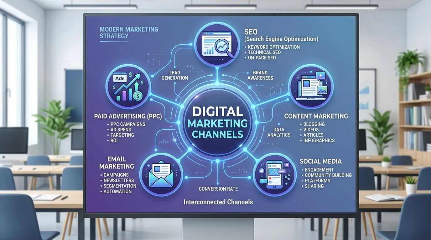 Overview of digital marketing channels in 2026: SEO, content, social media, email and paid advertising connected as a hub
