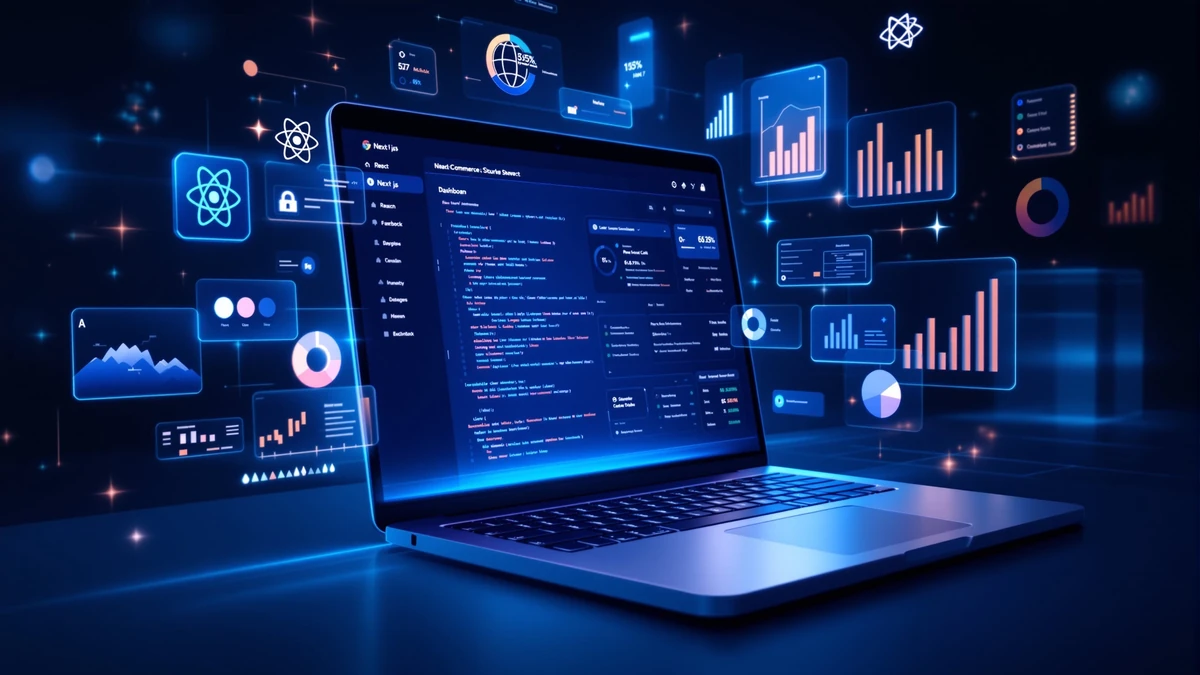 Custom e-commerce web application development cost breakdown showing Next.js React Prisma Tailwind CSS architecture with financial analysis