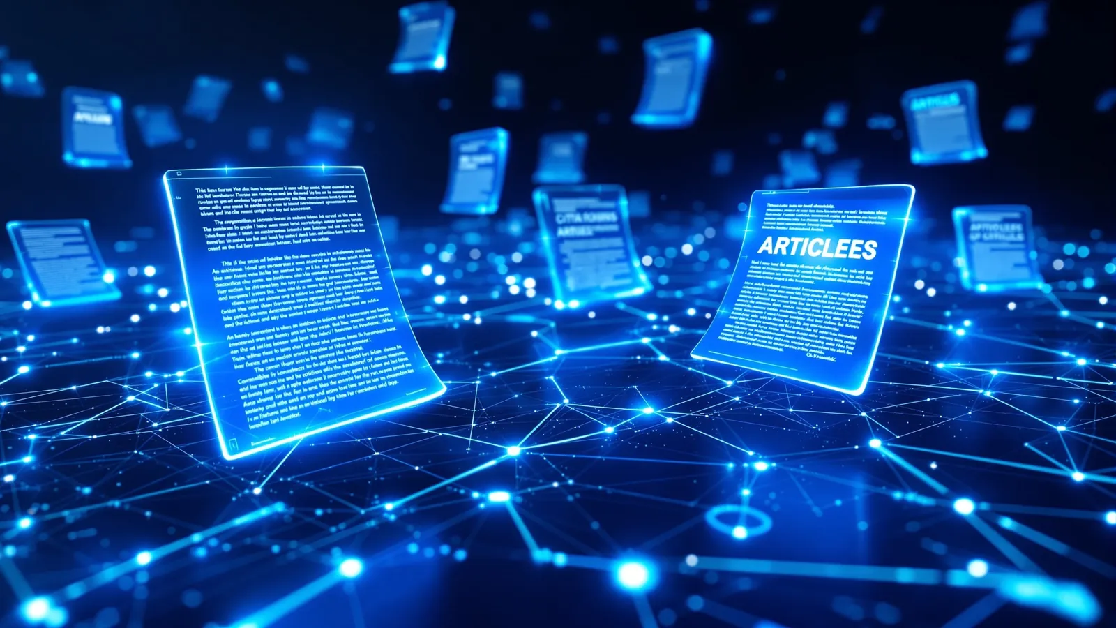 Glowing document pages interconnected by light beams representing brand citations in AI-generated answers from ChatGPT and Perplexity