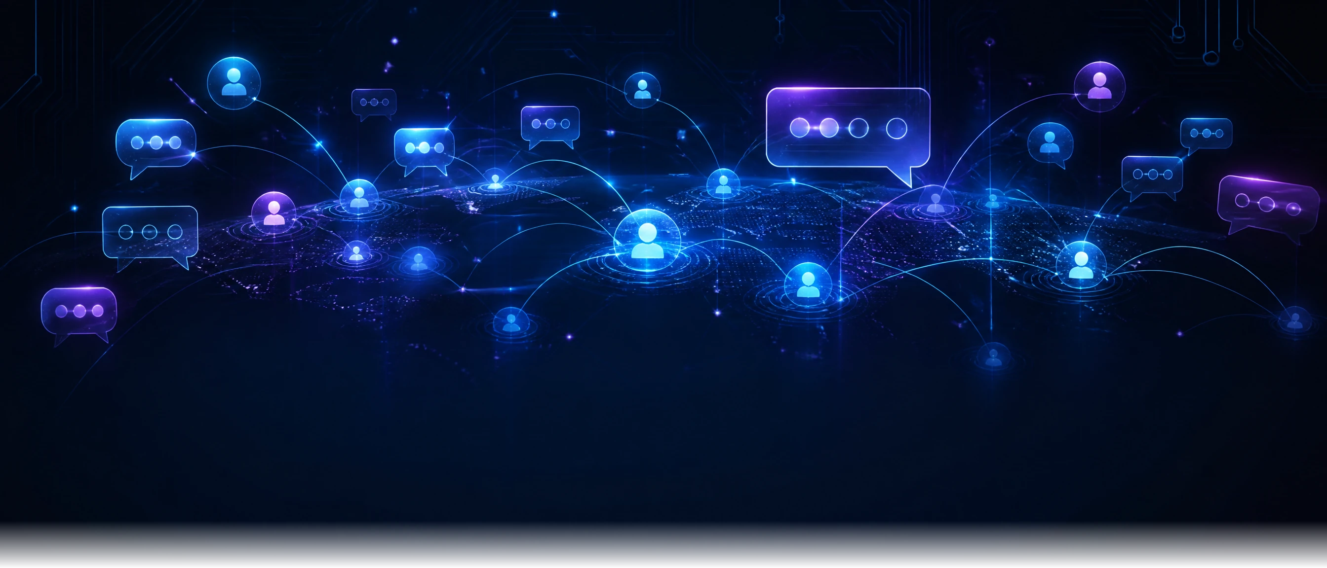 Contact Digital Marketing Co. — futuristic global communication hub with glowing message bubbles and connection lines for a free consultation