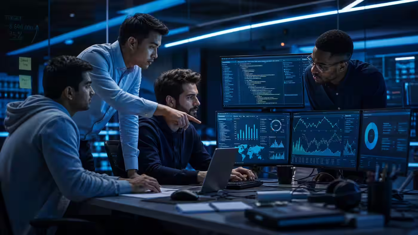 Young software developers collaborating on web applications and digital marketing optimization — contact Digital Marketing Co. for a free consultation