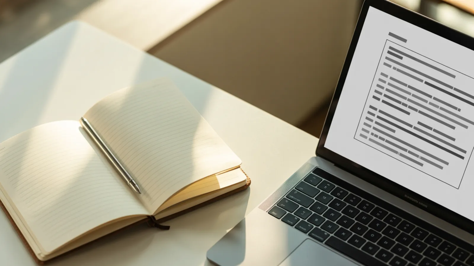 Minimalist workspace with notebook and laptop showing an answer-first content outline used to earn AI citations and featured snippets
