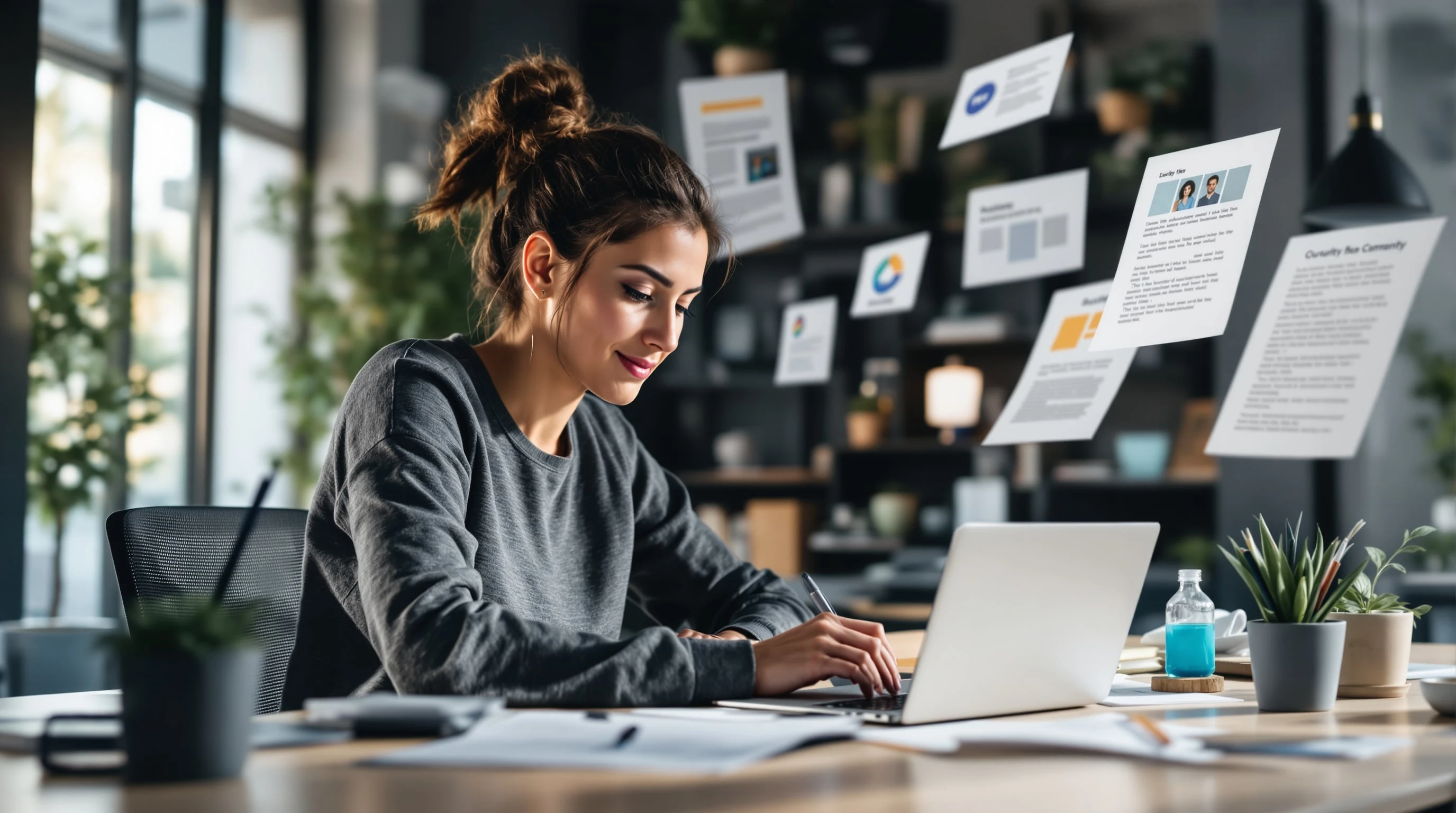 Professional content writer creating high-quality SEO articles and link-worthy blog content at a modern creative workspace